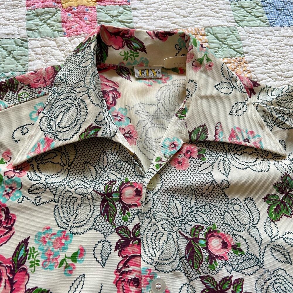 Vintage 70s Ely Western Wear Stencil Floral Dagger Collar Rodeo Blouse S